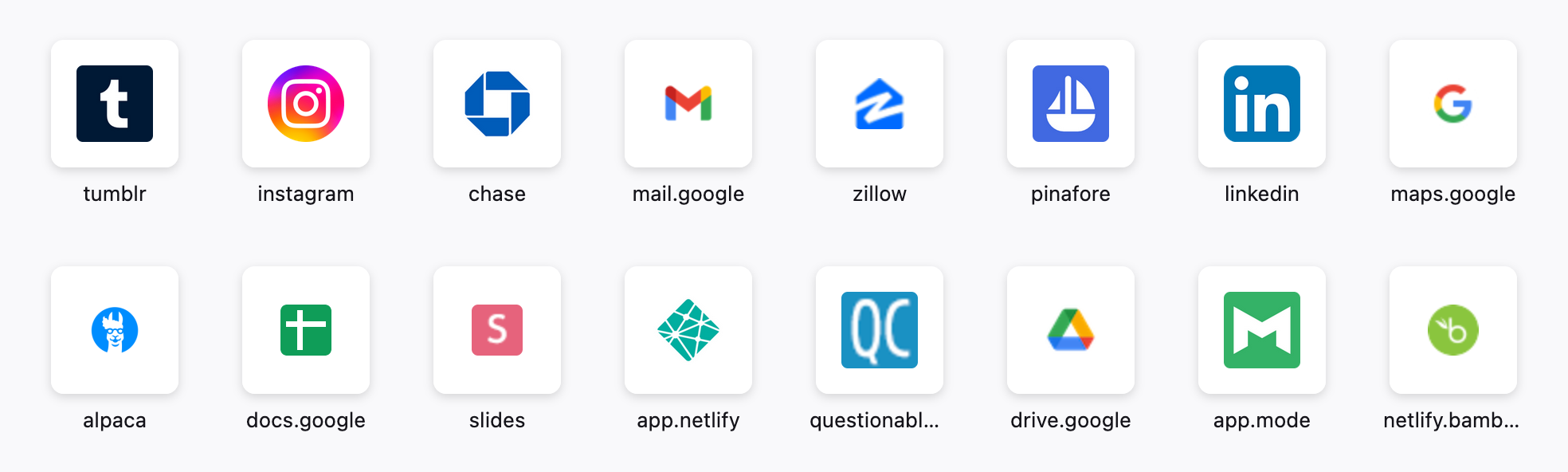 A grid of app icons, described in the table later in this article